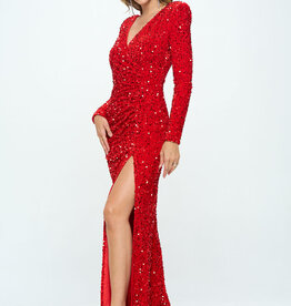 LS Strong Shoulder Velvet Sequins Drape Gown