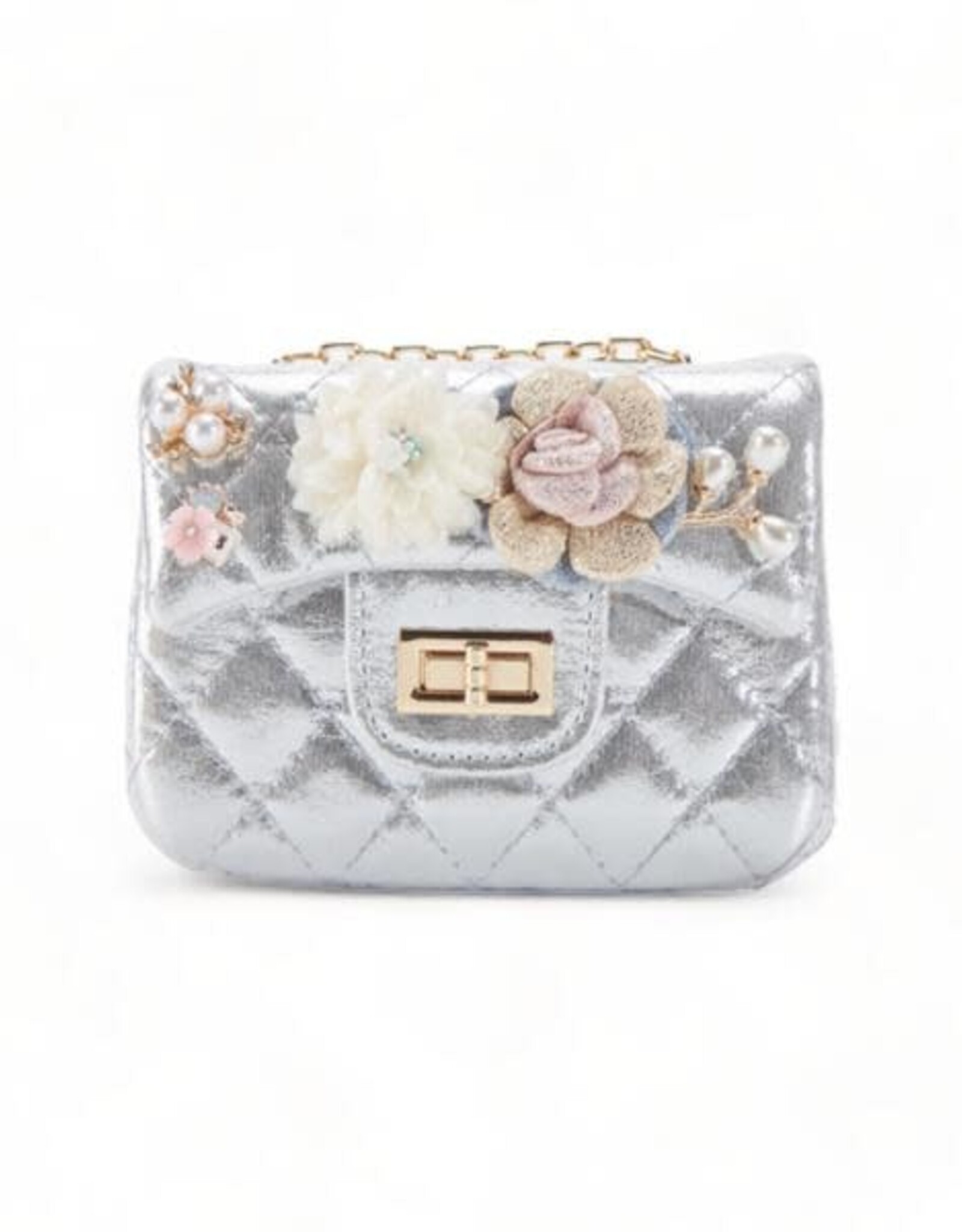 Girls' Floral Appliques Metallic Quilted Purse