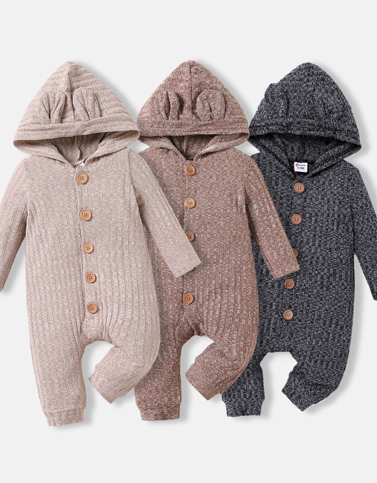 Baby Boy Heathered 3D Ears Hooded Jumpsuit