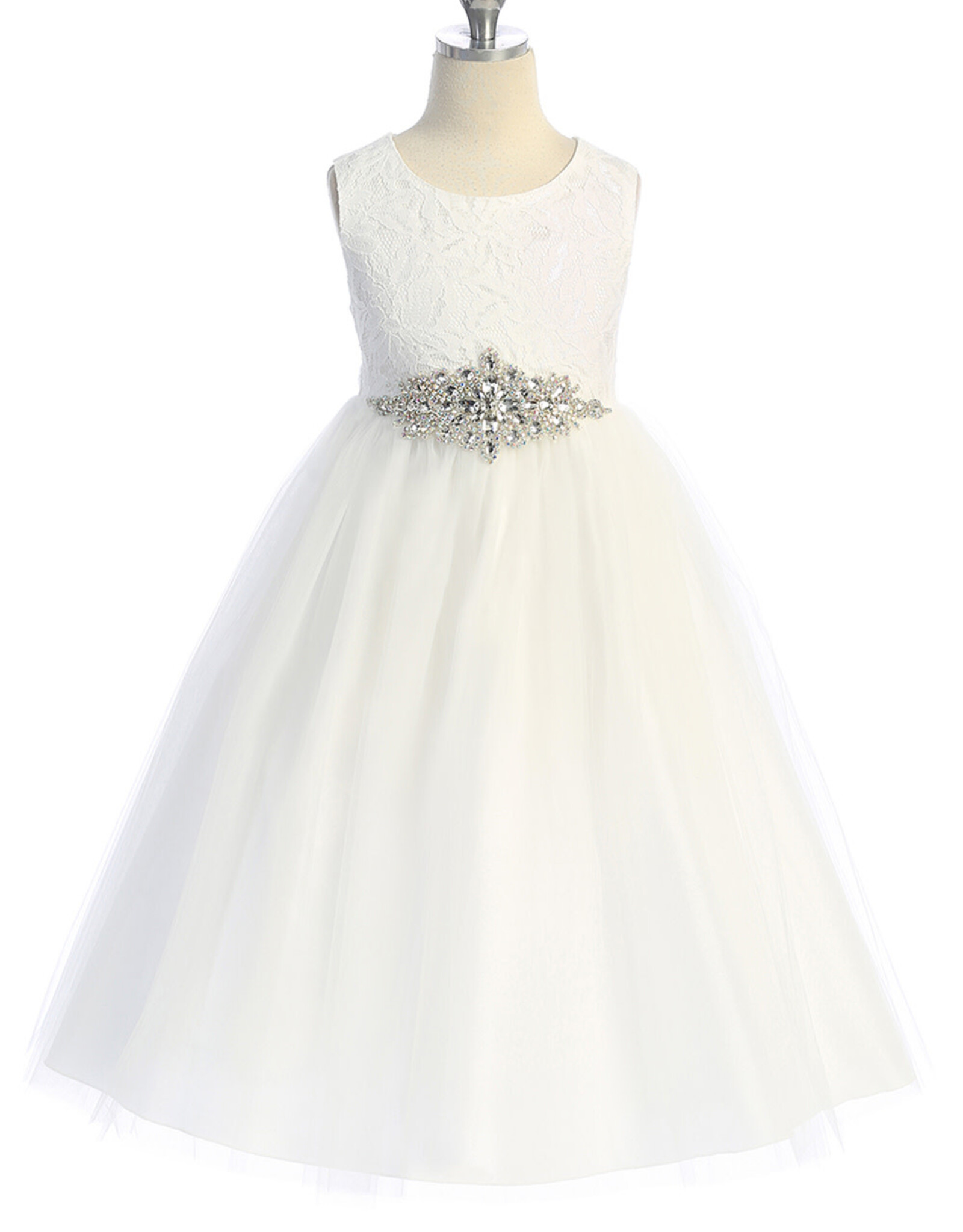 Girls' Long Lace Gown w/Rhinestone Trim