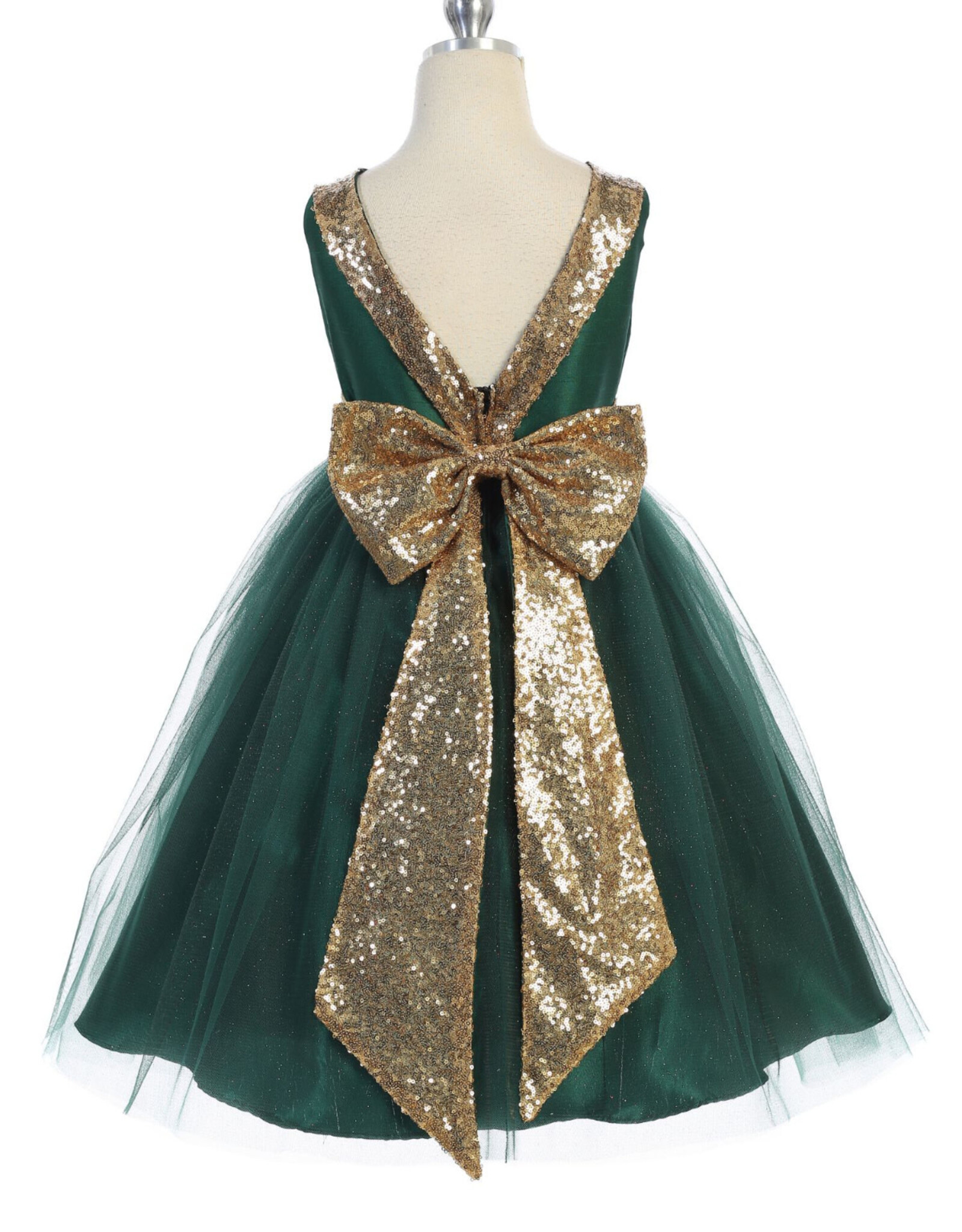 Girls' Gold Sequin V-Back w/Bow Dress