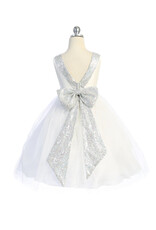 Girls' Ivory/Silver Sequin Back V Dress