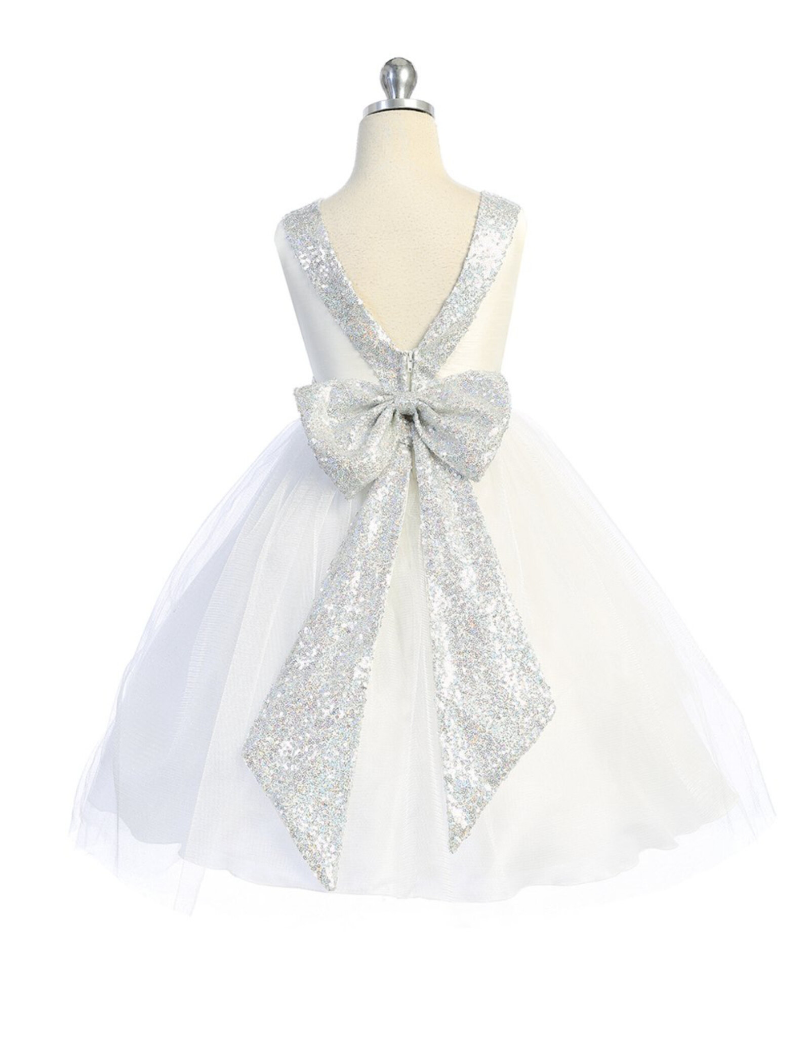 Girls' Ivory/Silver Sequin Back V Dress