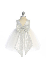 Girls' Ivory/Silver Sequin Back V Dress