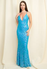 Diamond Back Sequin Mermaid Gown - Turquoise