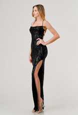 High Slit Sequin Cowl Neck Gown Blk