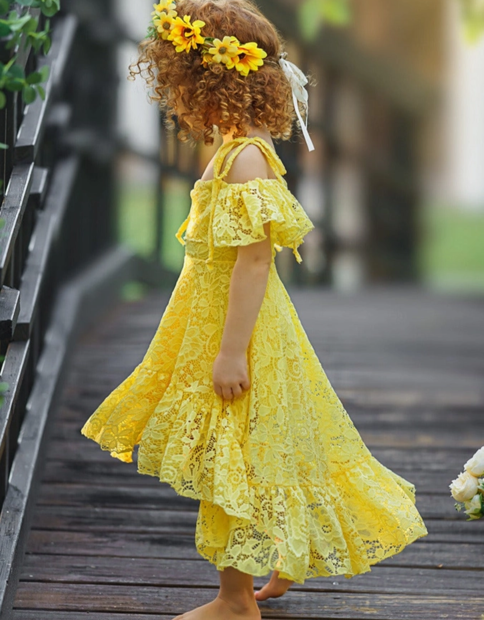 Girls' Yellow Floral Lace Hi Lo Shoulder Maxi