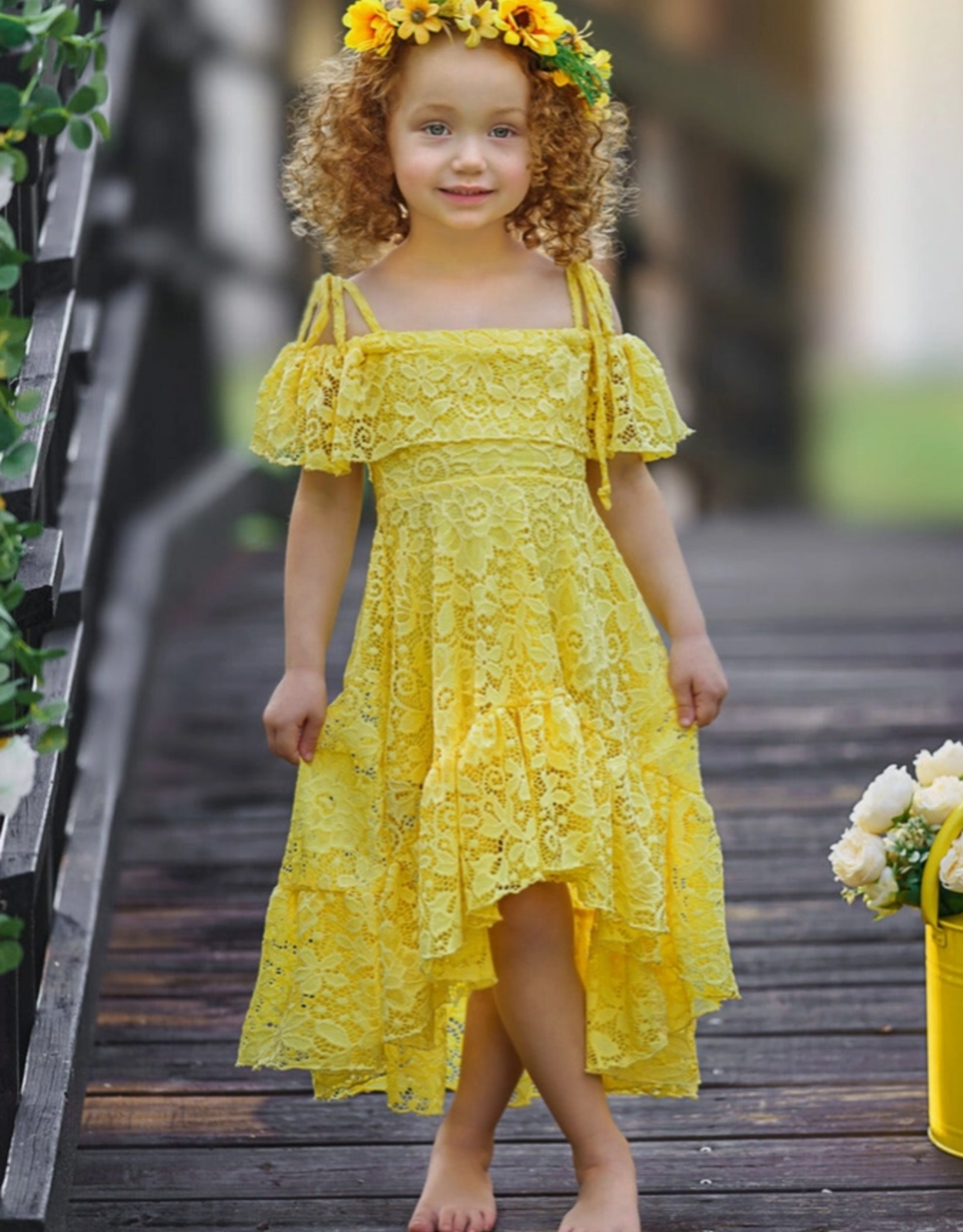 Girls' Yellow Floral Lace Hi Lo Shoulder Maxi