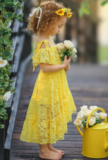 Girls' Yellow Floral Lace Hi Lo Shoulder Maxi