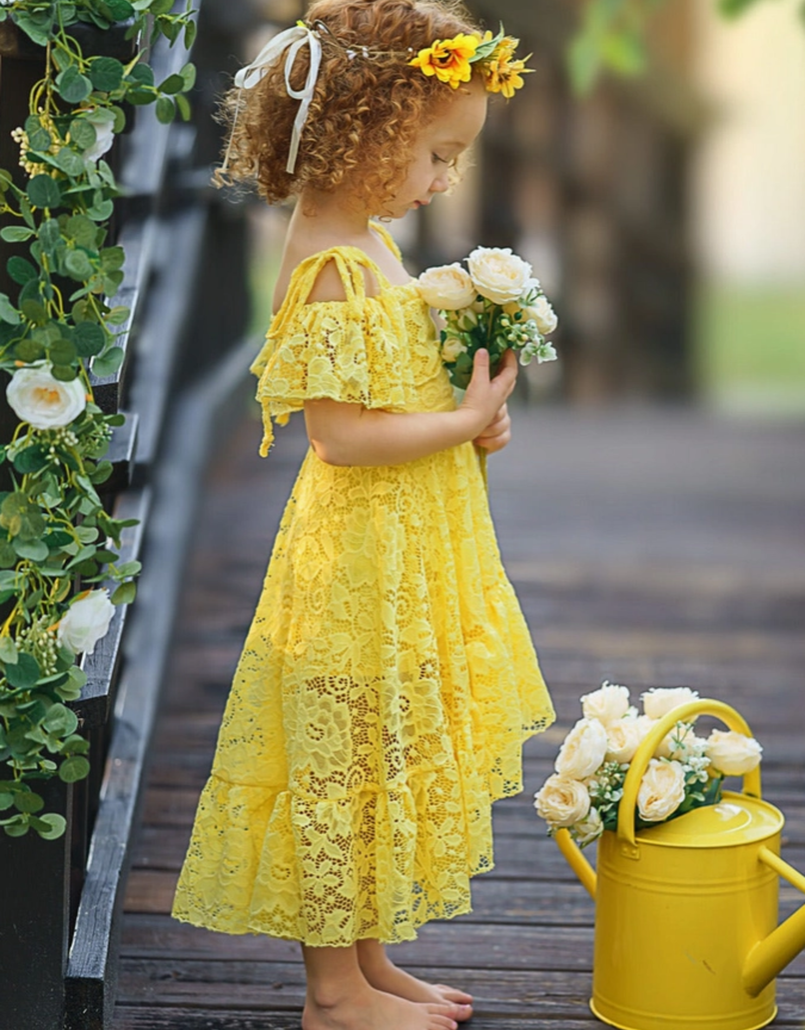 Girls' Yellow Floral Lace Hi Lo Shoulder Maxi