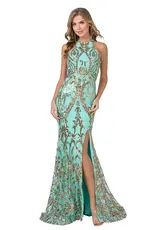 Halter Top Cut-Out Back Gold Sequin Applique Gown