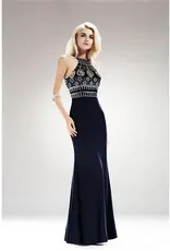 Rhinestone/Bead Embellished Halter Formal Gown Black