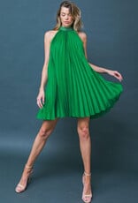 Pleated Mini Dress with Rhinestone & Pearl - Kelly Green