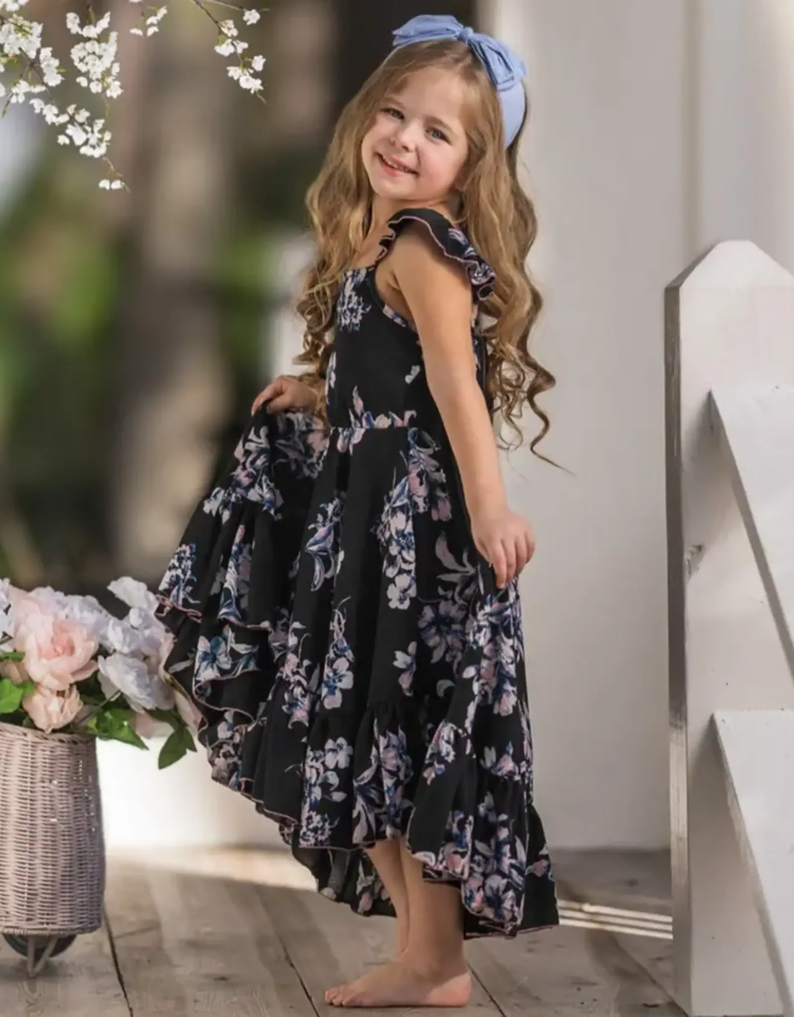 Girls' Garden Party Floral Hi-Lo Ruffle Navy