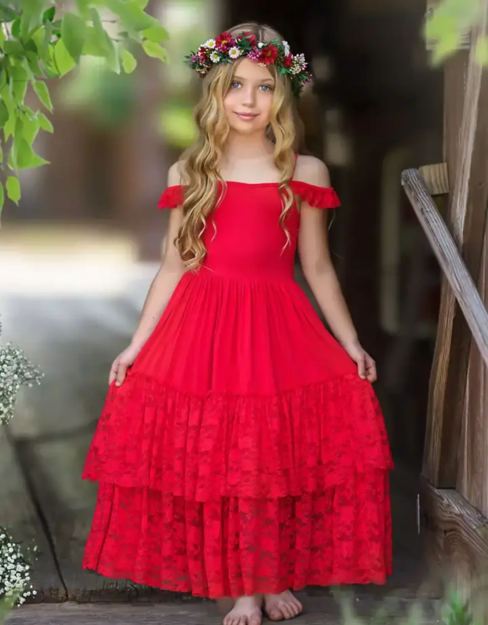 Girls' Ruby Red Tiered Lace Ruffle Maxi