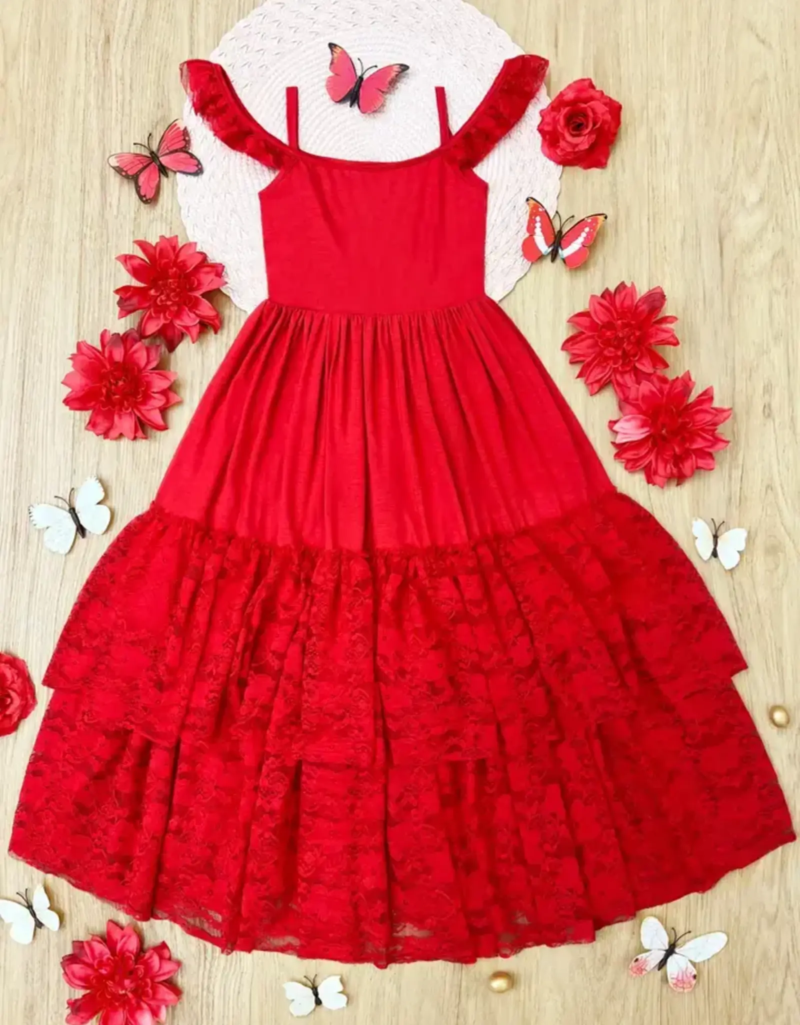 Girls' Ruby Red Tiered Lace Ruffle Maxi