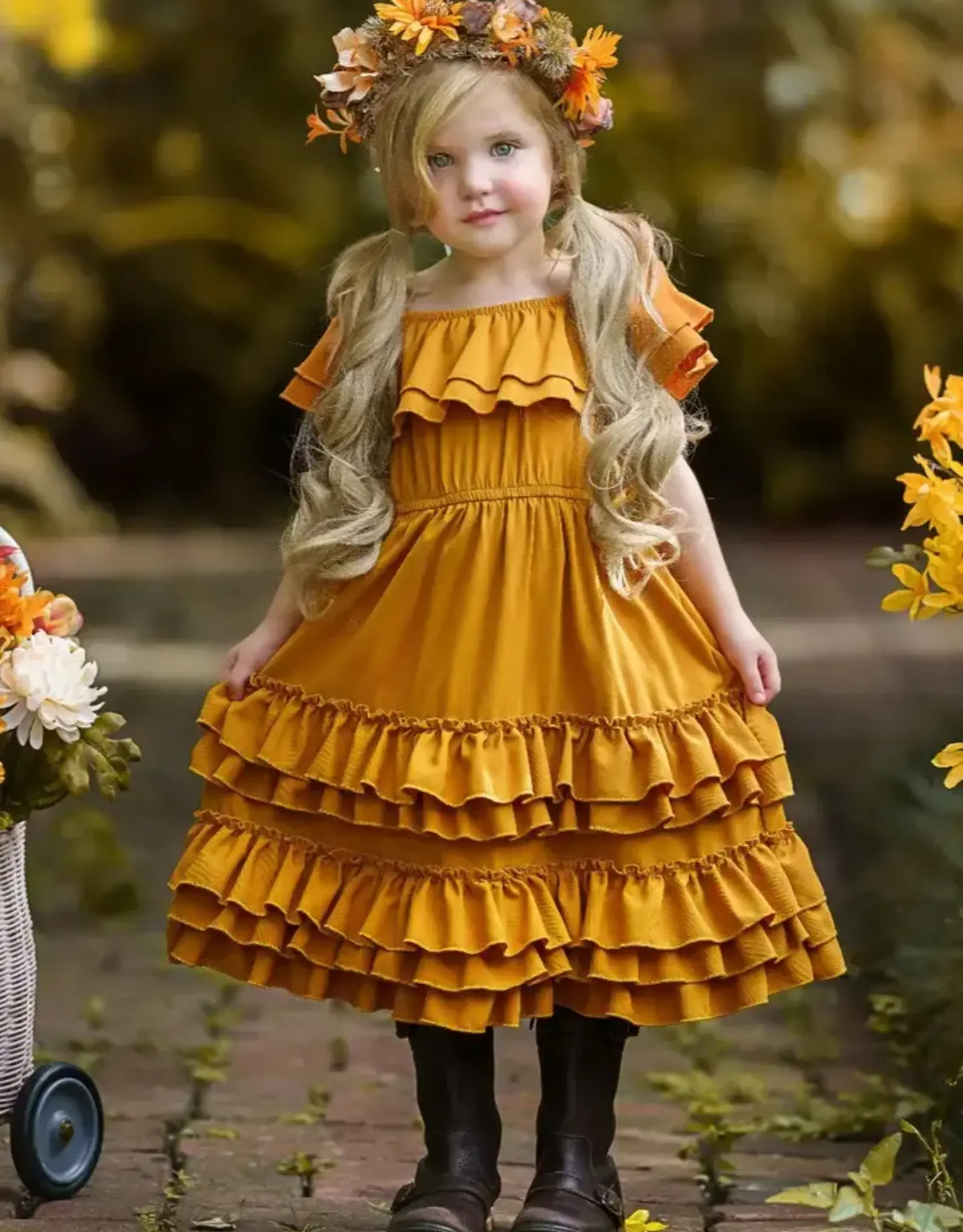 Marigold Sunset Tiered Ruffle Midi Dress