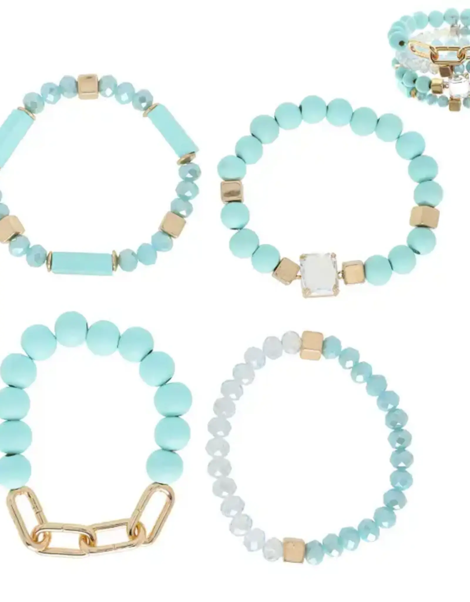 4 Pack Gold Accent Bohemian Layering Beaded Bracelet Set - Mint