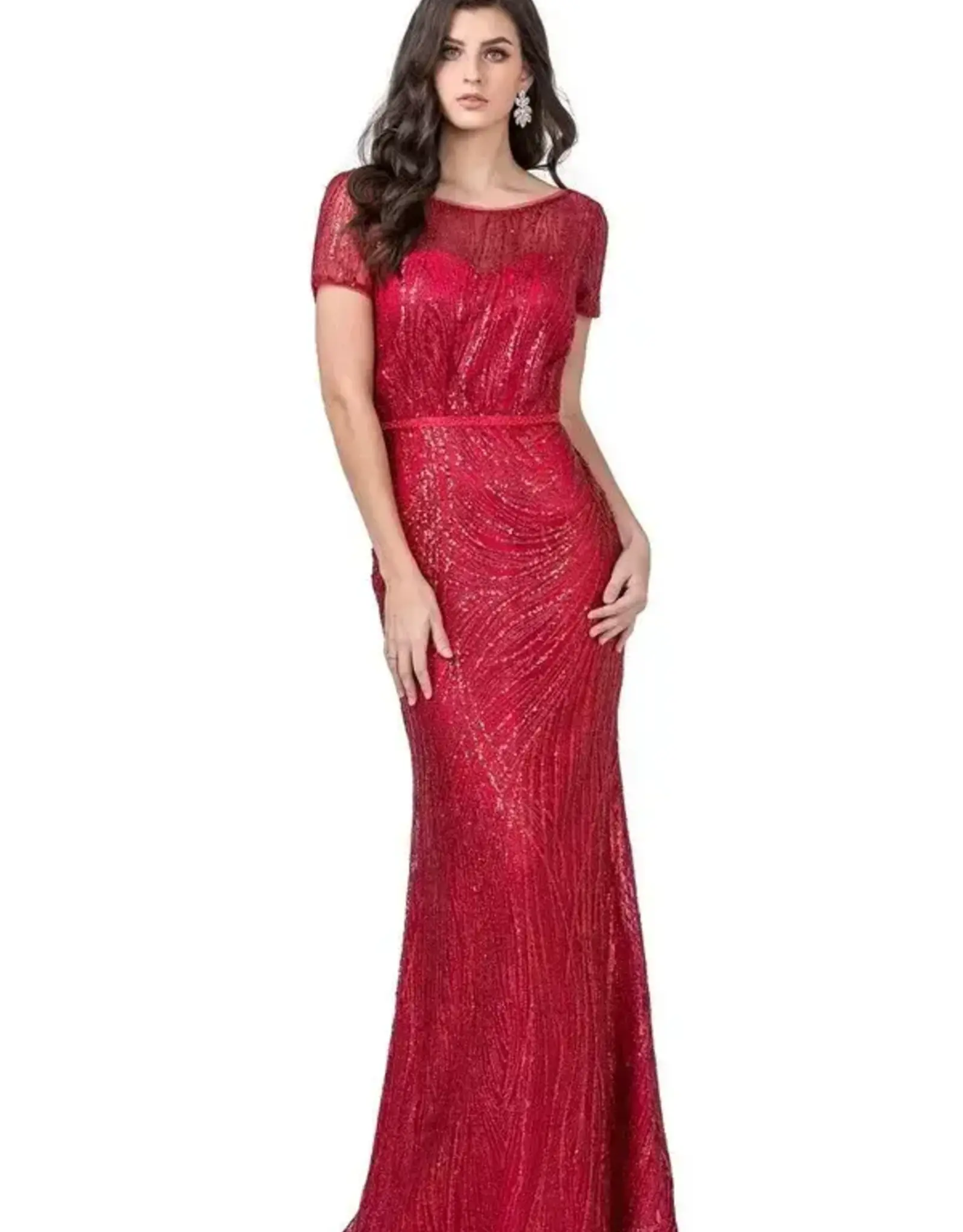 Red Glitter Embellished w/quarter sleeve Gown