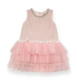Girls' Sleeveless Rhinestone/Pearl Collar Tweed Tulle Dress - Pink