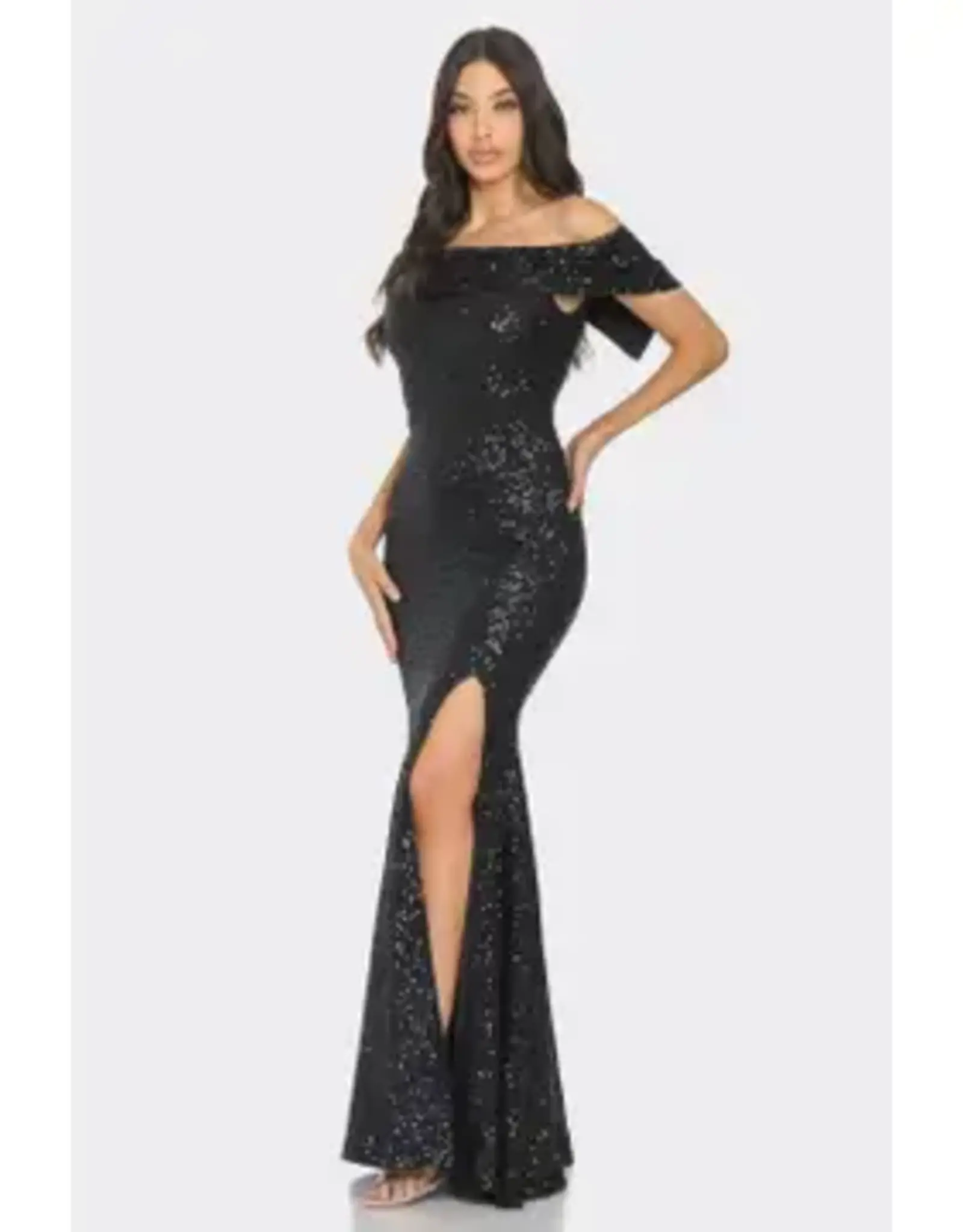 Folded Off Shoulder Sequin Gown