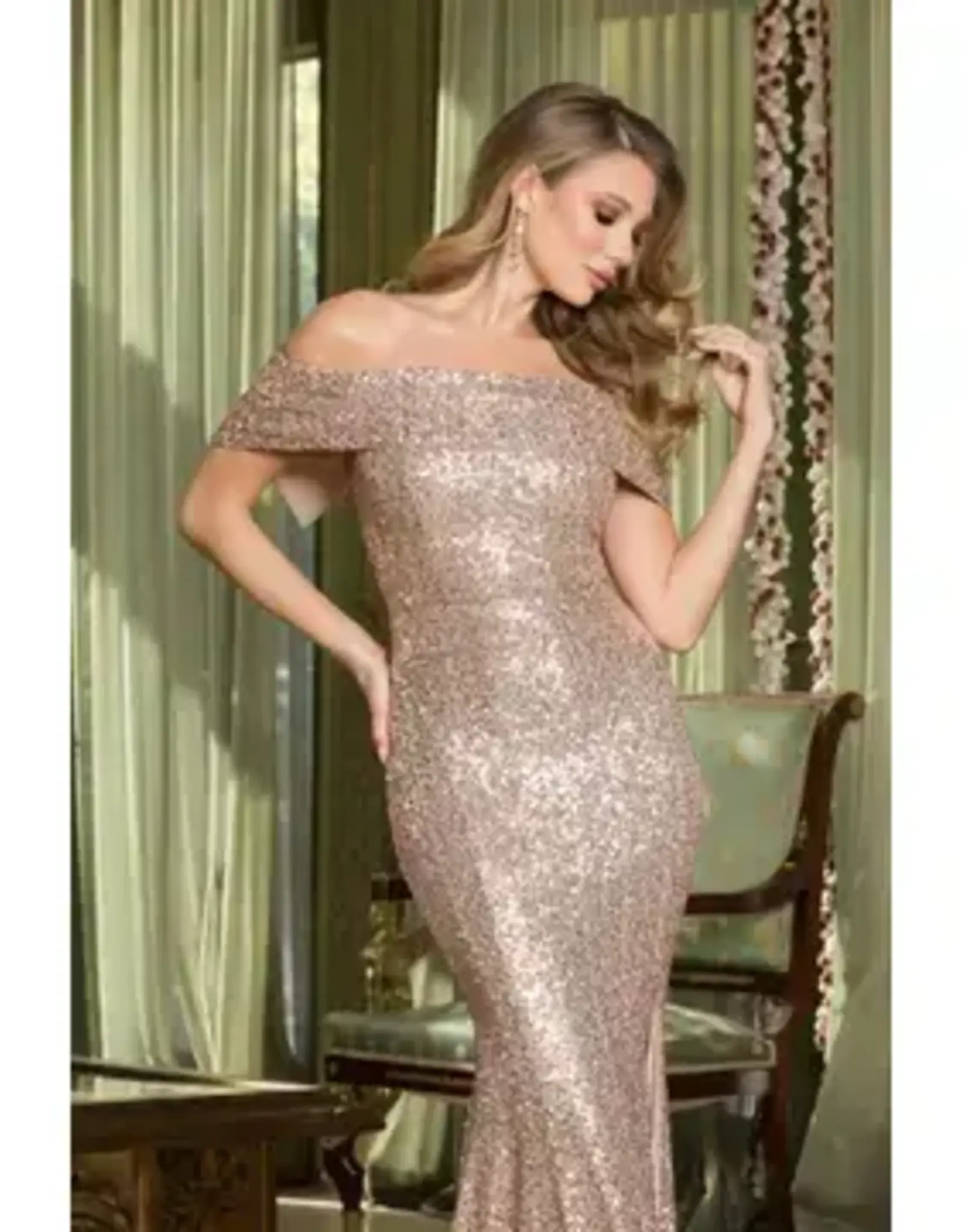 Folded Off Shoulder Sequin Gown