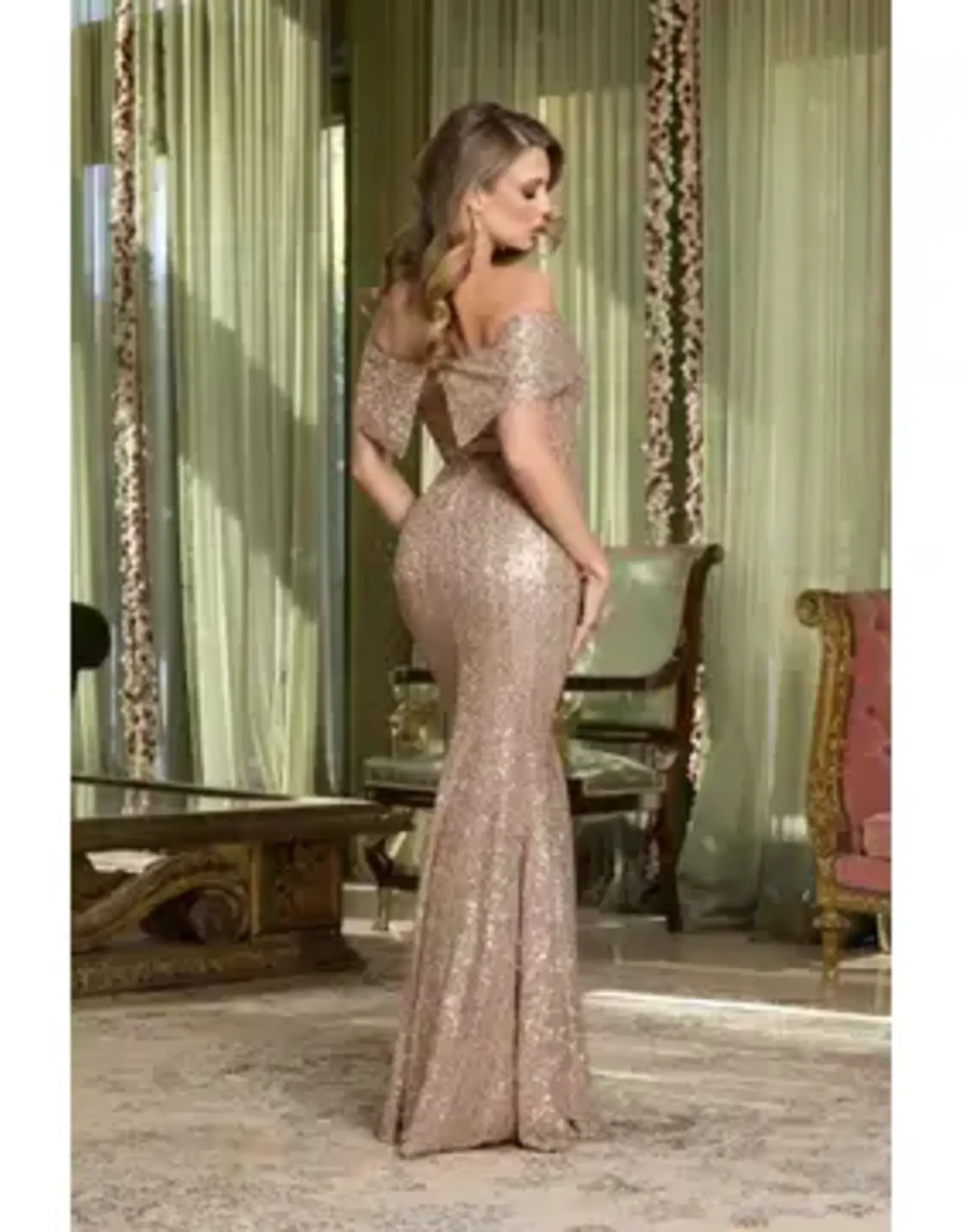 Folded Off Shoulder Sequin Gown
