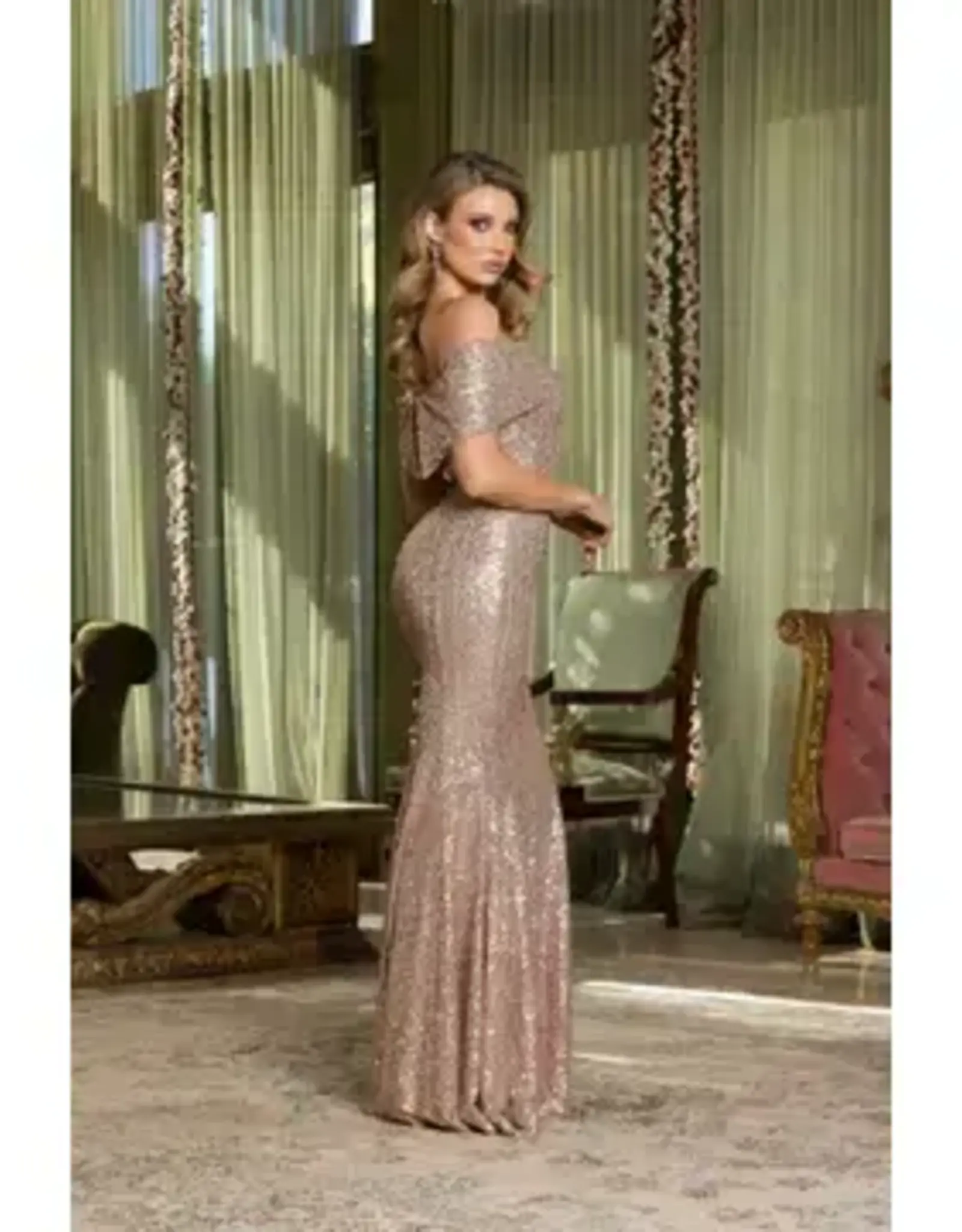 Folded Off Shoulder Sequin Gown