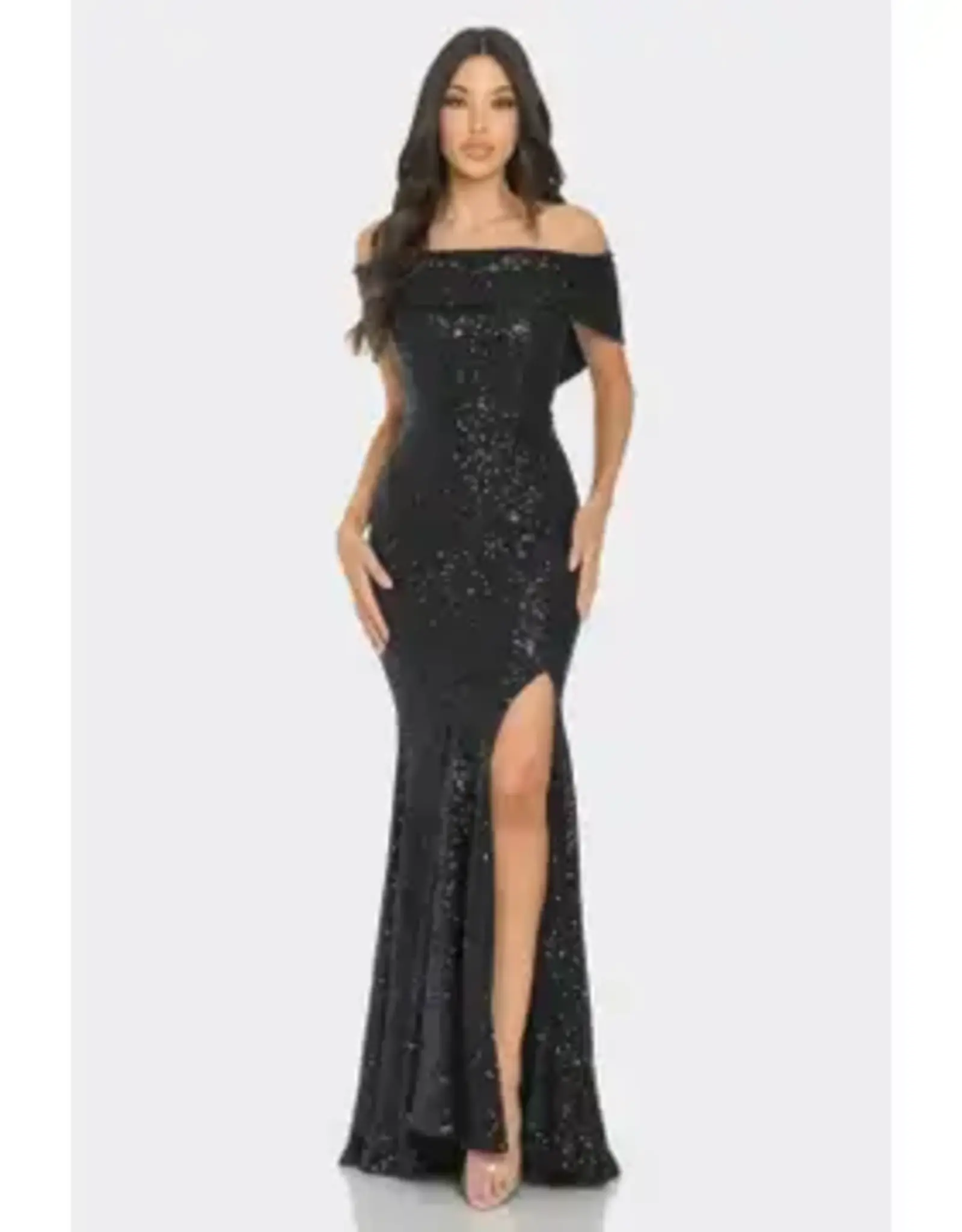 Folded Off Shoulder Sequin Gown