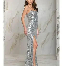 Strapless Ruched Sequin Corset Gown with Slit - Silver