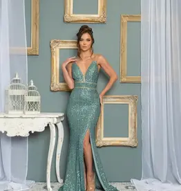 Rhinestone Strap Plunging Sequin Gown