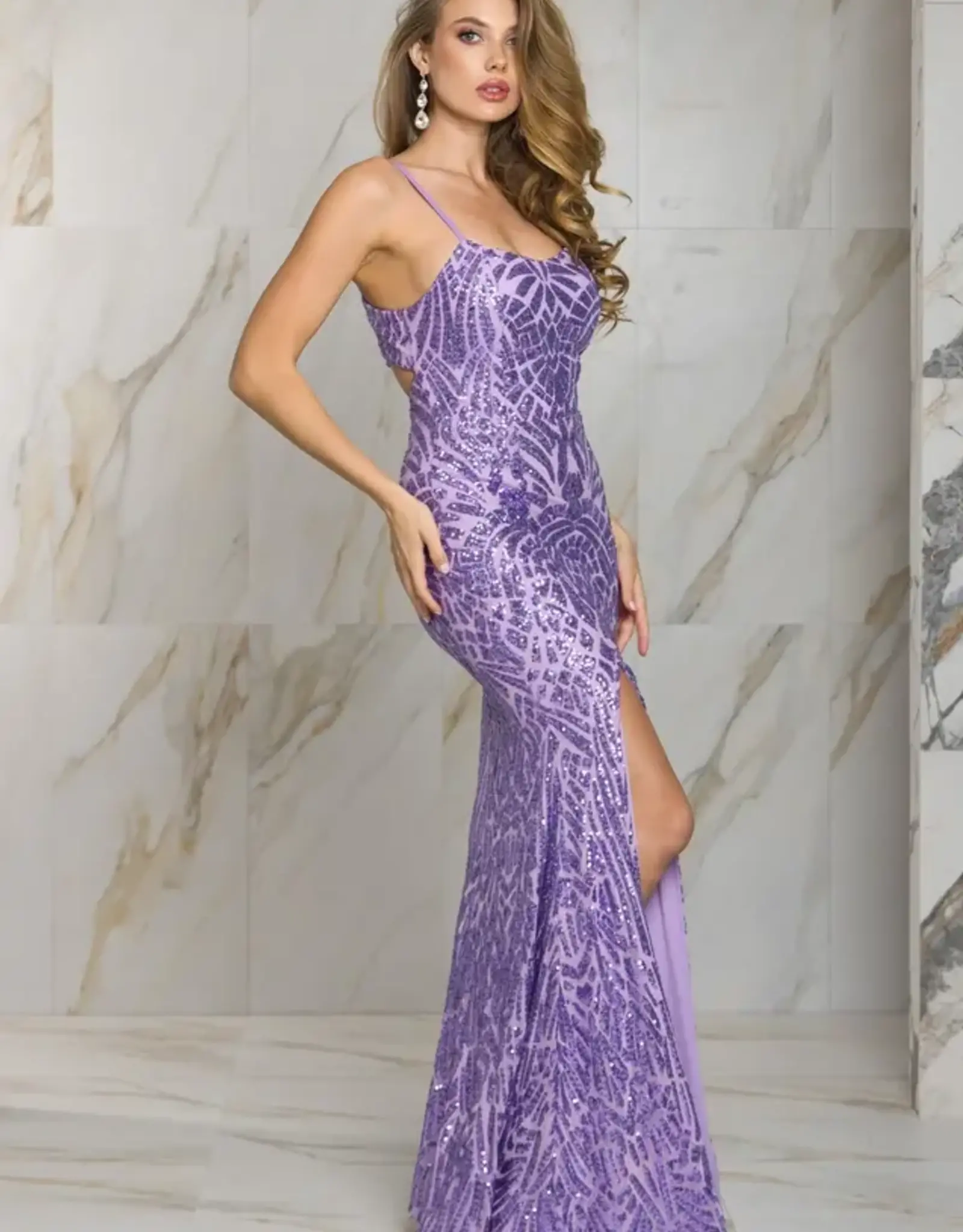 Lavender Lace-Up  Sequin Gown w/Slit