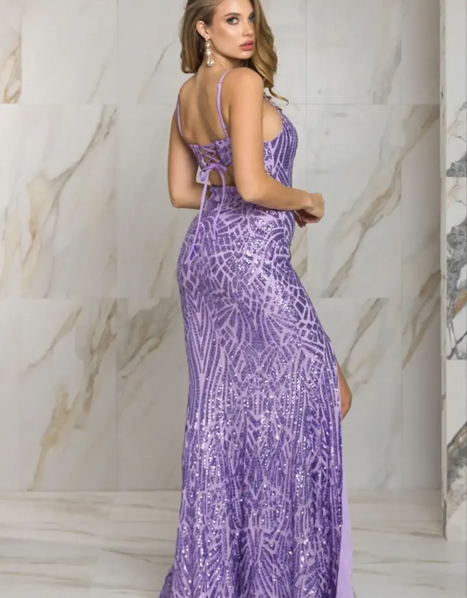 Lavender Lace-Up  Sequin Gown w/Slit