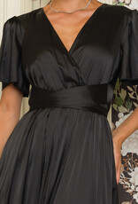 Short Sleeve Satin Gown with Tie Waist & Slit Black