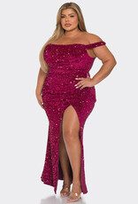 Sequin Velvet Off-the-Shoulder Gown w/Slit - PLUS