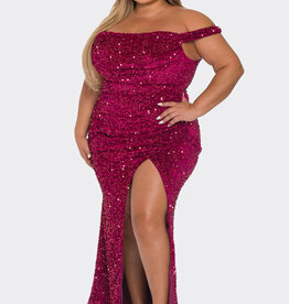Sequin Velvet Off-the-Shoulder Gown w/Slit - PLUS