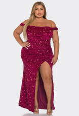Sequin Velvet Off-the-Shoulder Gown w/Slit - PLUS