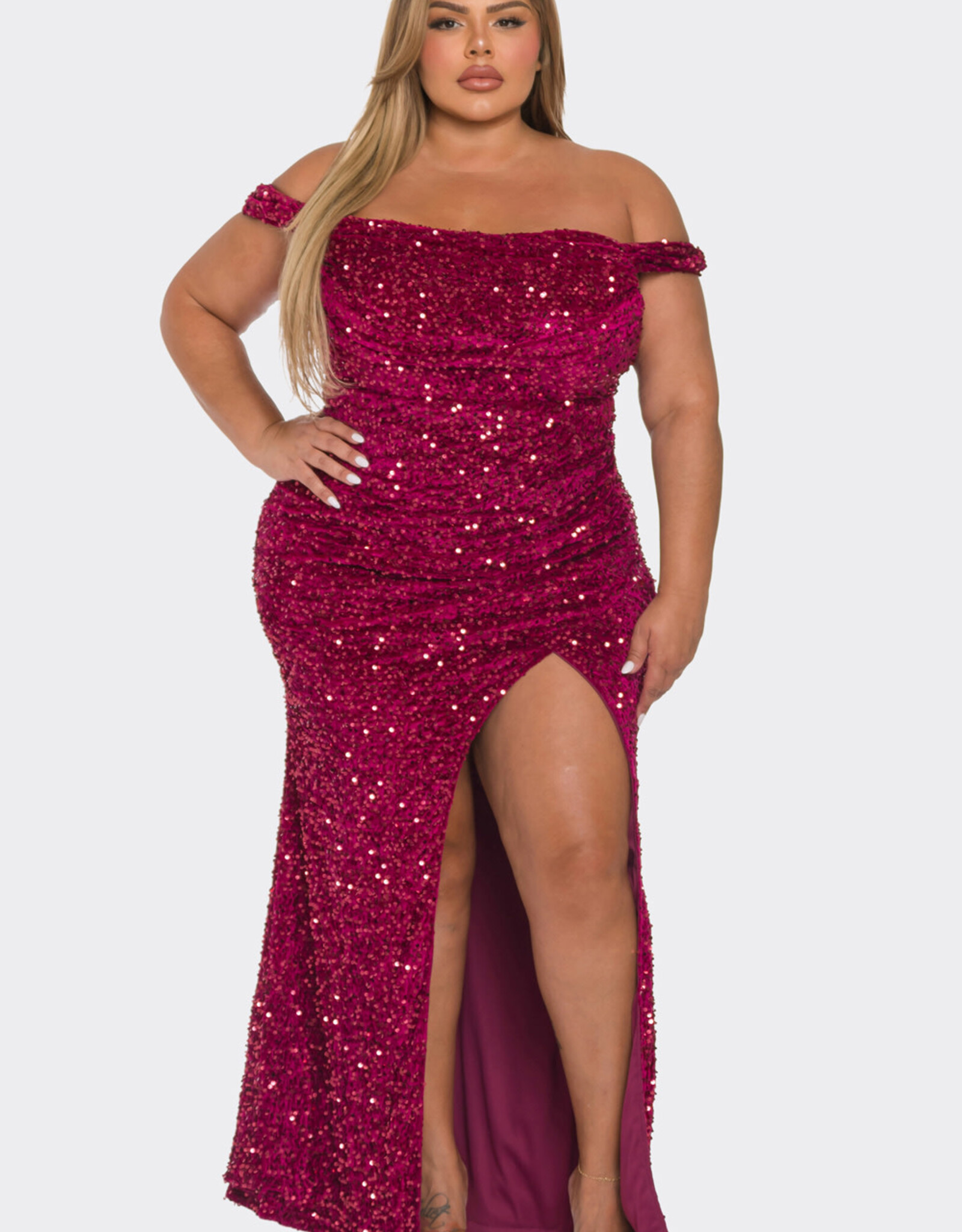 Sequin Velvet Off-the-Shoulder Gown w/Slit - PLUS
