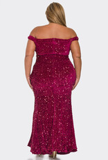 Sequin Velvet Off-the-Shoulder Gown w/Slit - PLUS