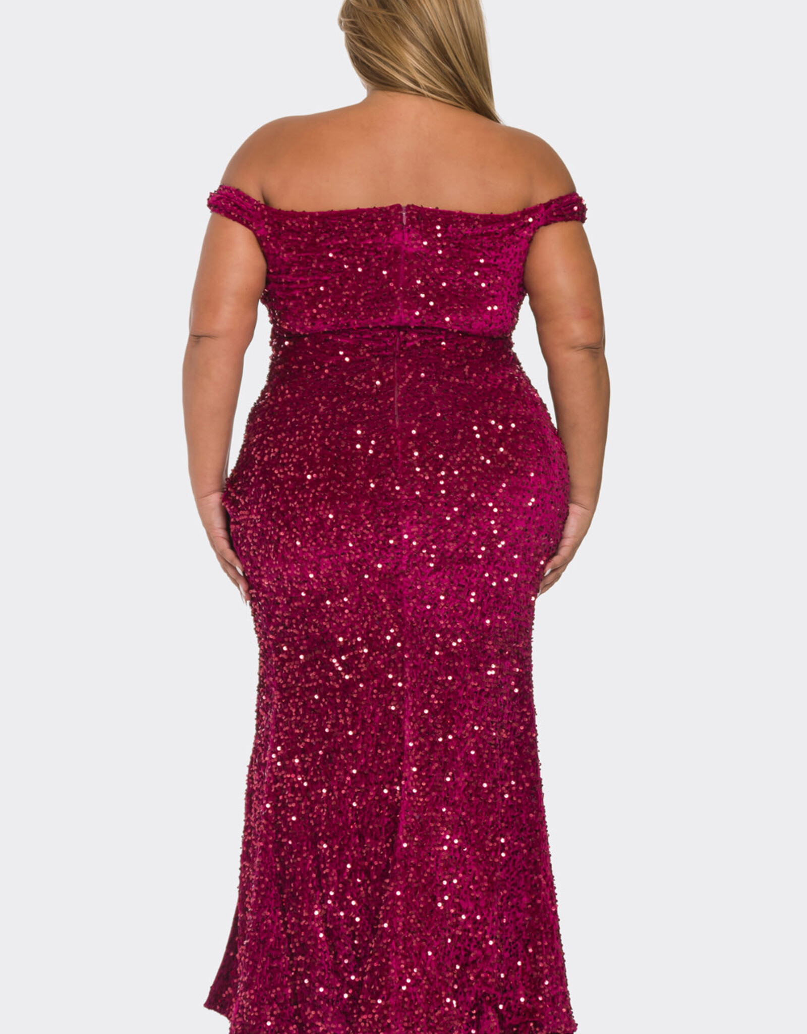 Sequin Velvet Off-the-Shoulder Gown w/Slit - PLUS