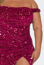 Sequin Velvet Off-the-Shoulder Gown w/Slit - PLUS