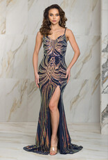 Multi Sequin Mesh Plunge Gown