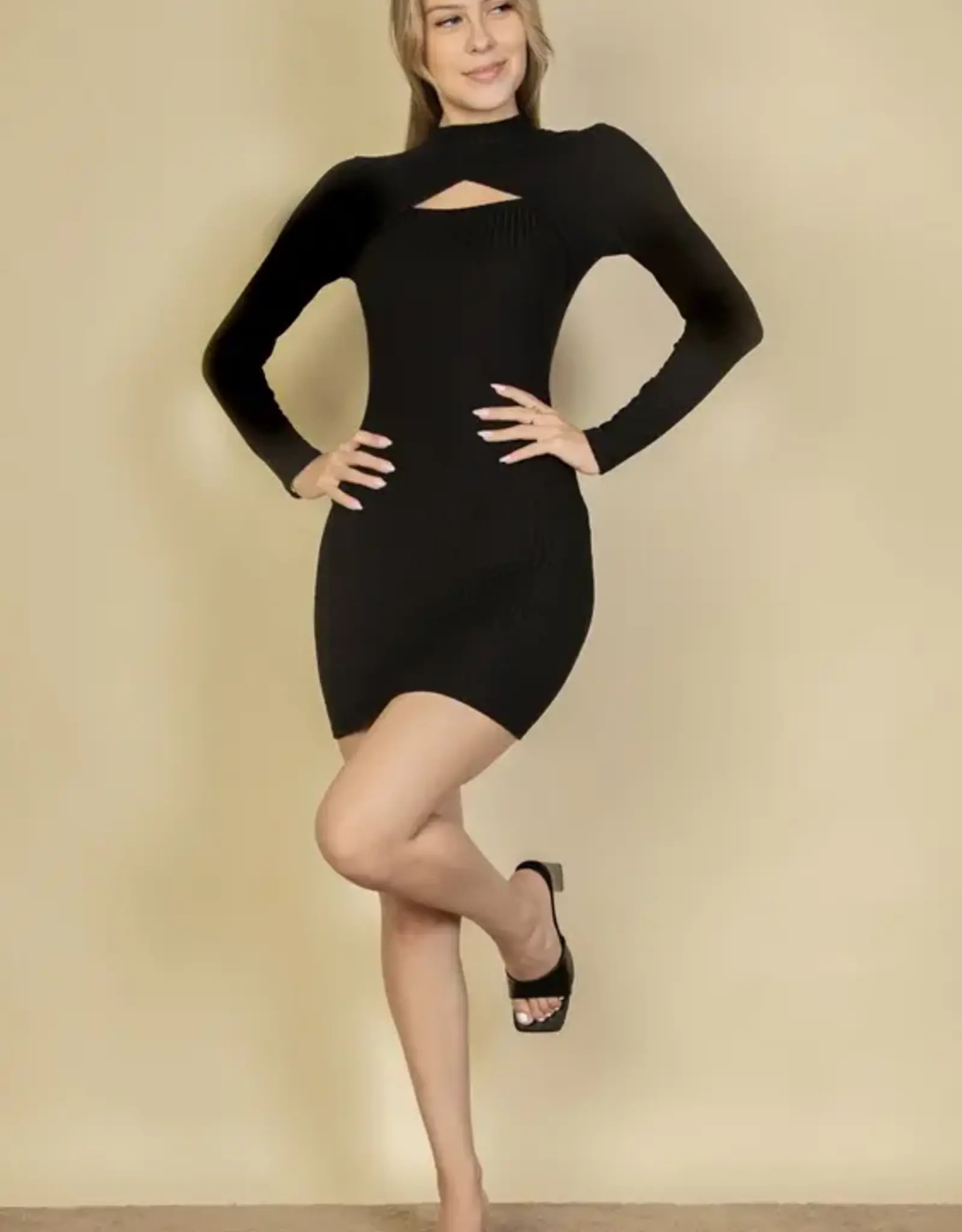 Long Sleeve Ribbed Cut-Out Bodycon Dress
