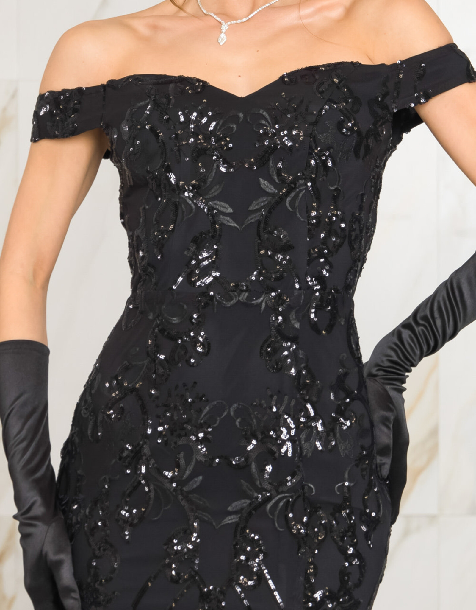 Off-the-Shoulder Patterned Sequin Mermaid Gown
