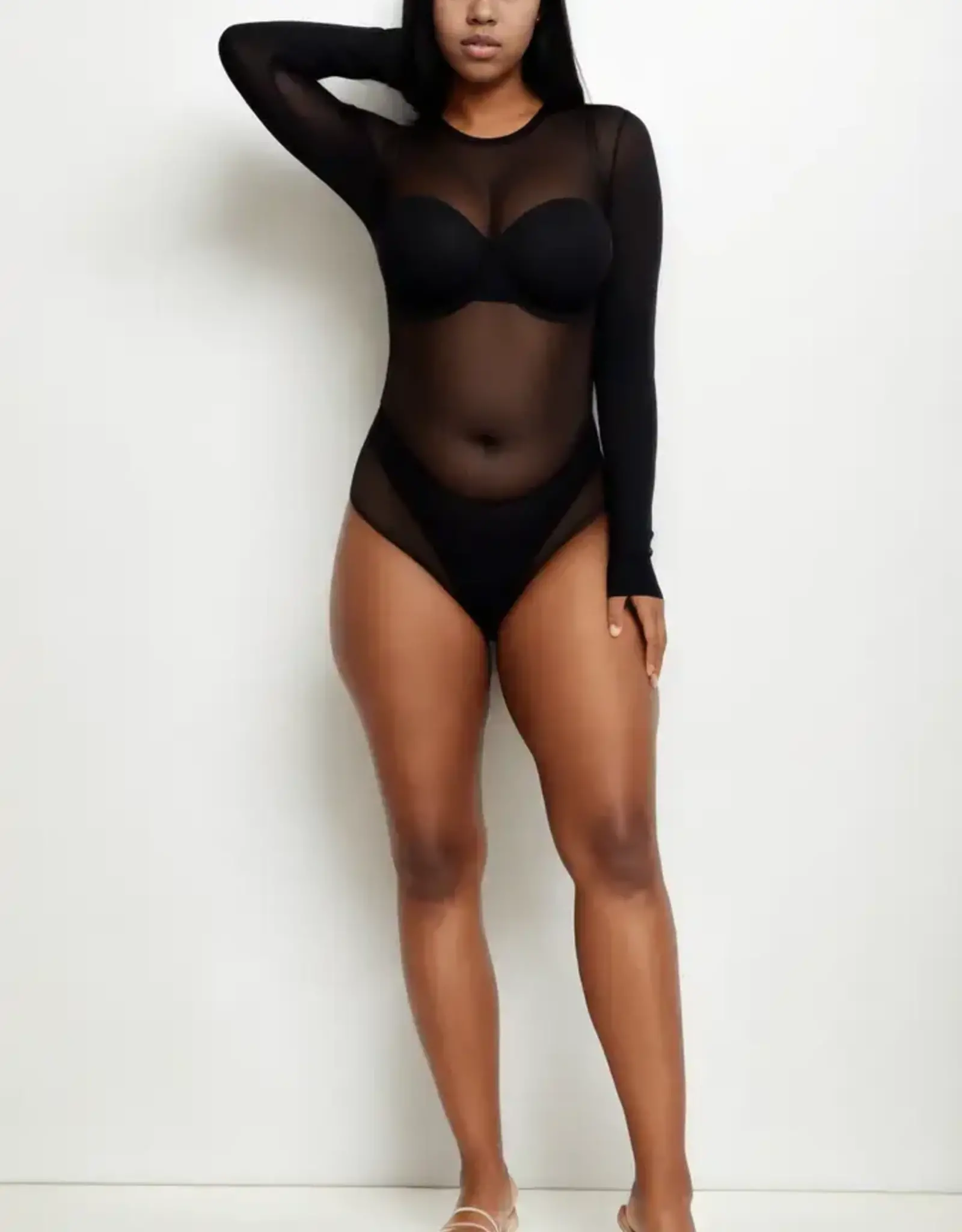 Sheer Mesh Long Sleeve Bodysuit PLUS