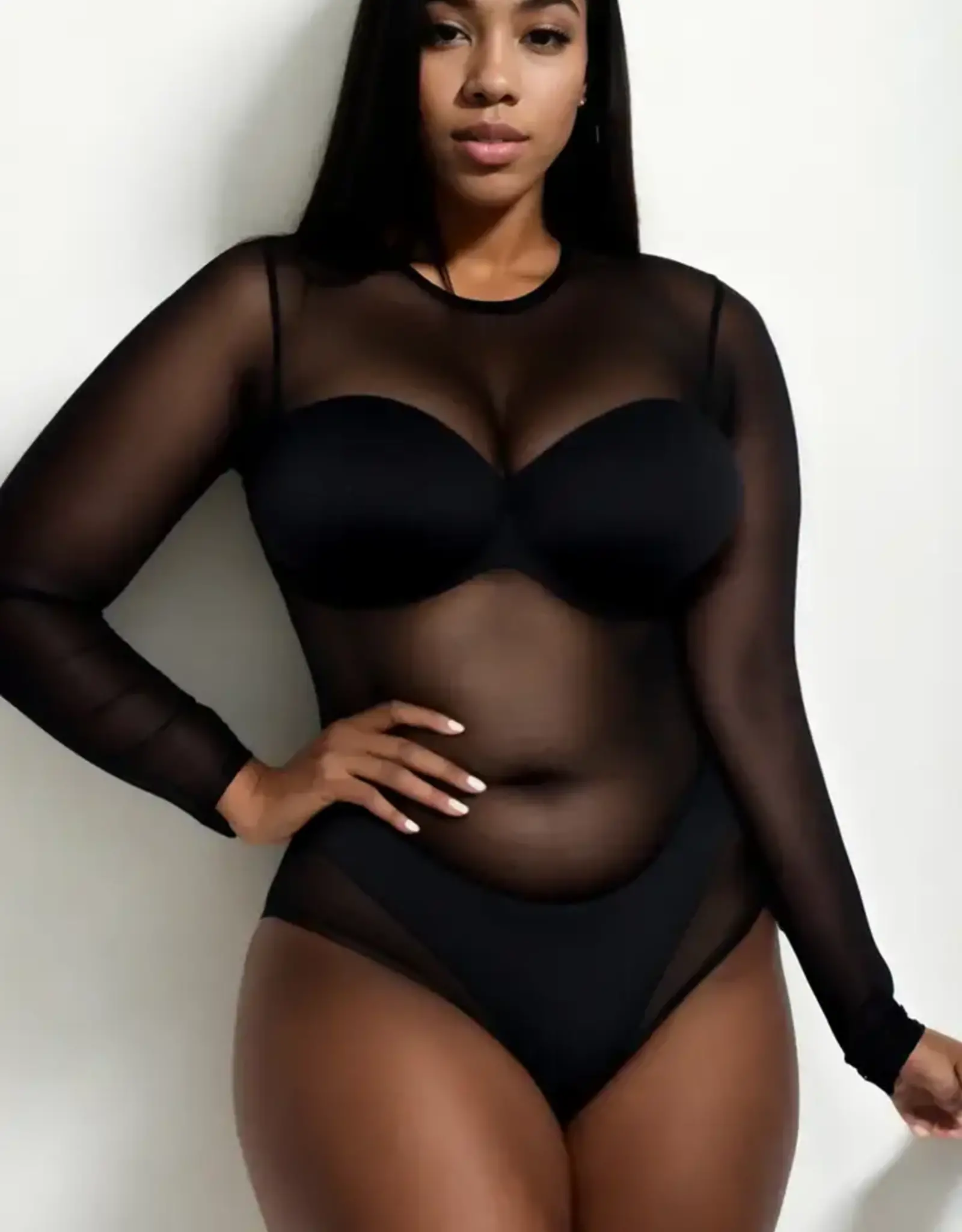 Sheer Mesh Long Sleeve Bodysuit PLUS