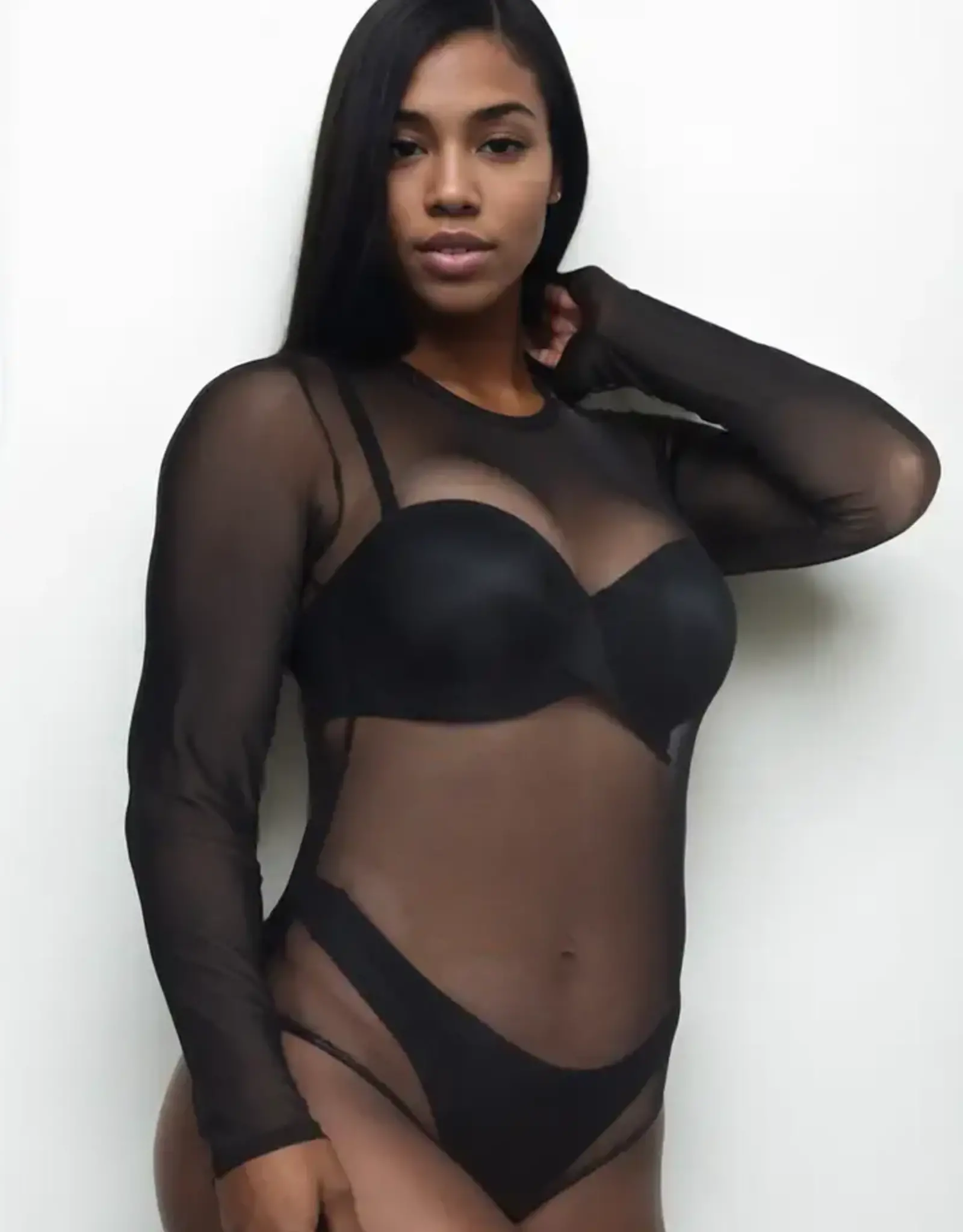 Sheer Mesh Long Sleeve Bodysuit PLUS