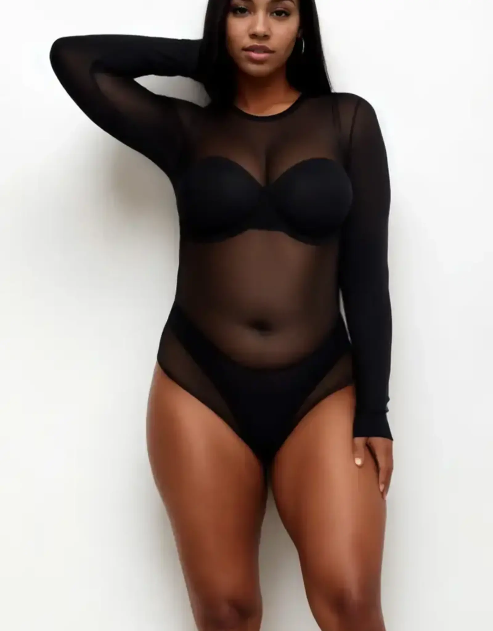 Sheer Mesh Long Sleeve Bodysuit PLUS
