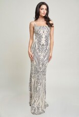 Square Neck Contrast Sequin Spaghetti Strap Gown