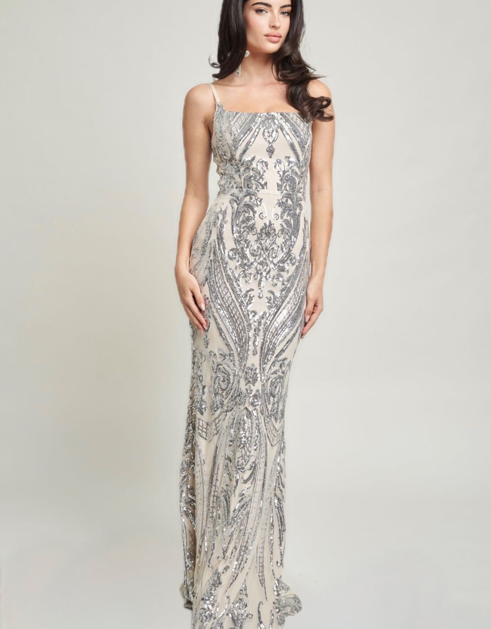 Square Neck Contrast Sequin Spaghetti Strap Gown